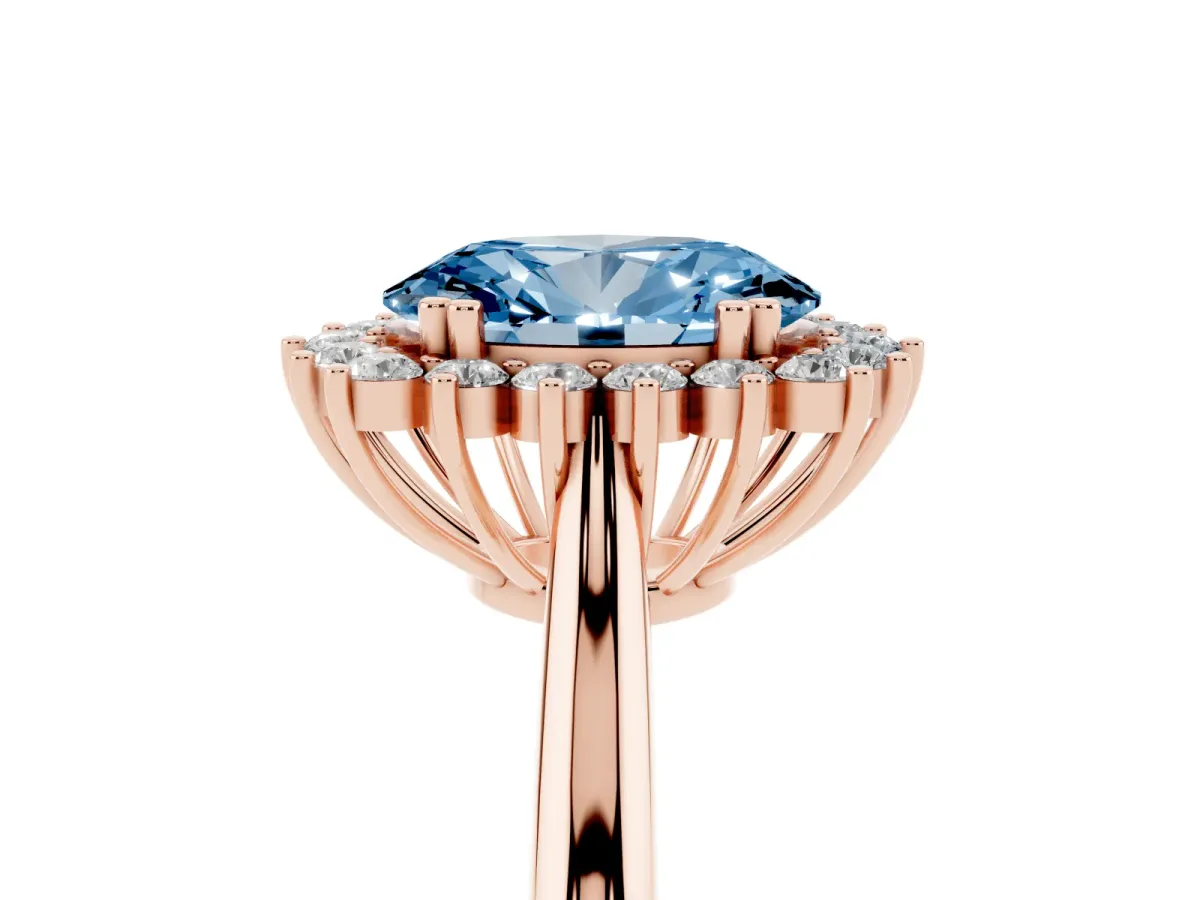 Fancy Blue Oval Cut Cut Diamond Halo Ring with Solitaire Band and Prong Setting Rose gold