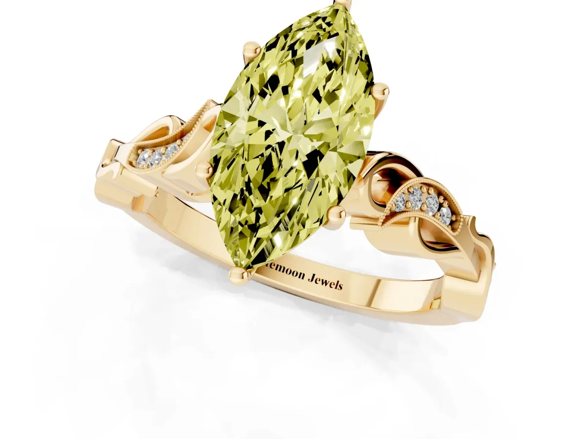 Fancy Yellow Marquise Cut Solitaire Vine Band with Milgrain Prong Setting Yellow gold