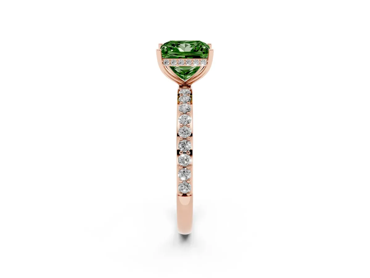 Fancy Green Princess Cut Diamond Solitaire Ring with Pavé Band and Hidden Halo Rose gold