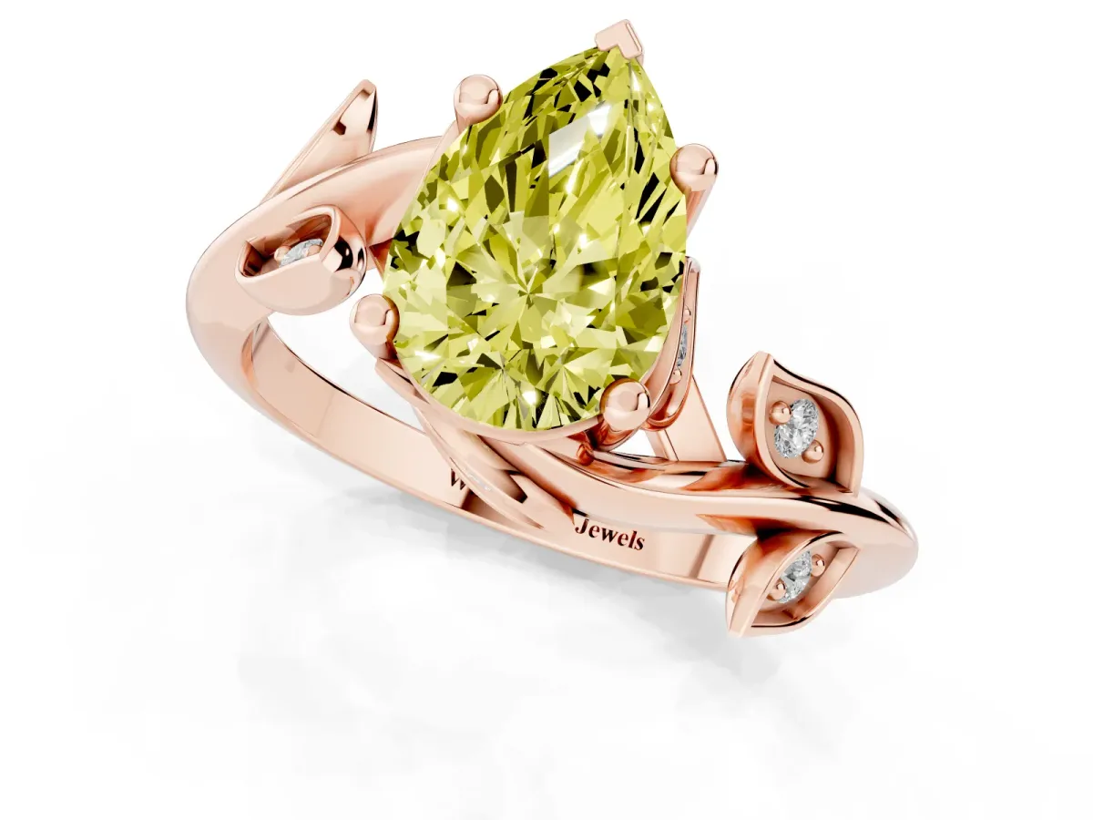 Fancy Yellow Pear Cut Solitaire Twist Engagement Ring with Leaf Accents and Prong Setting Rose gold