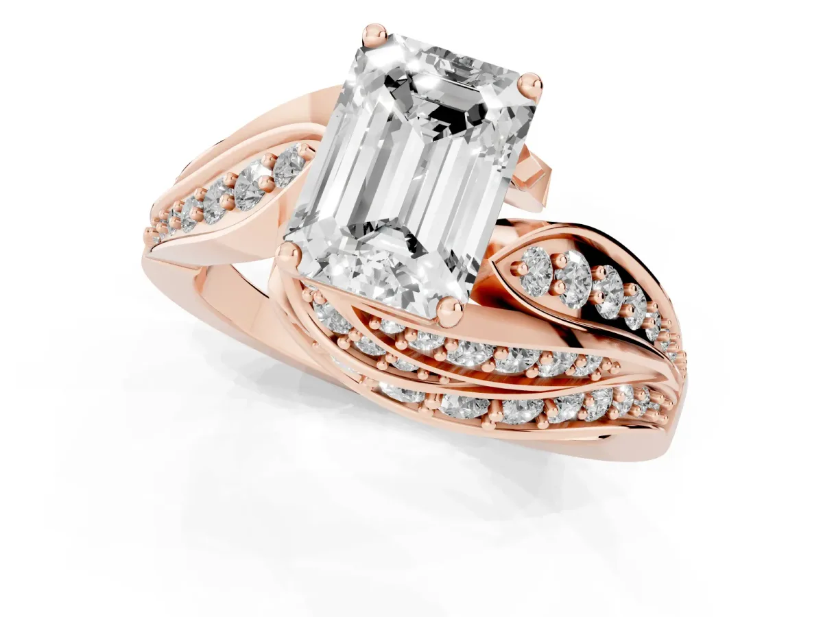 Emerald Cut Diamond Solitaire Ring with Prong Setting and Twisted Pavé Band Rose gold