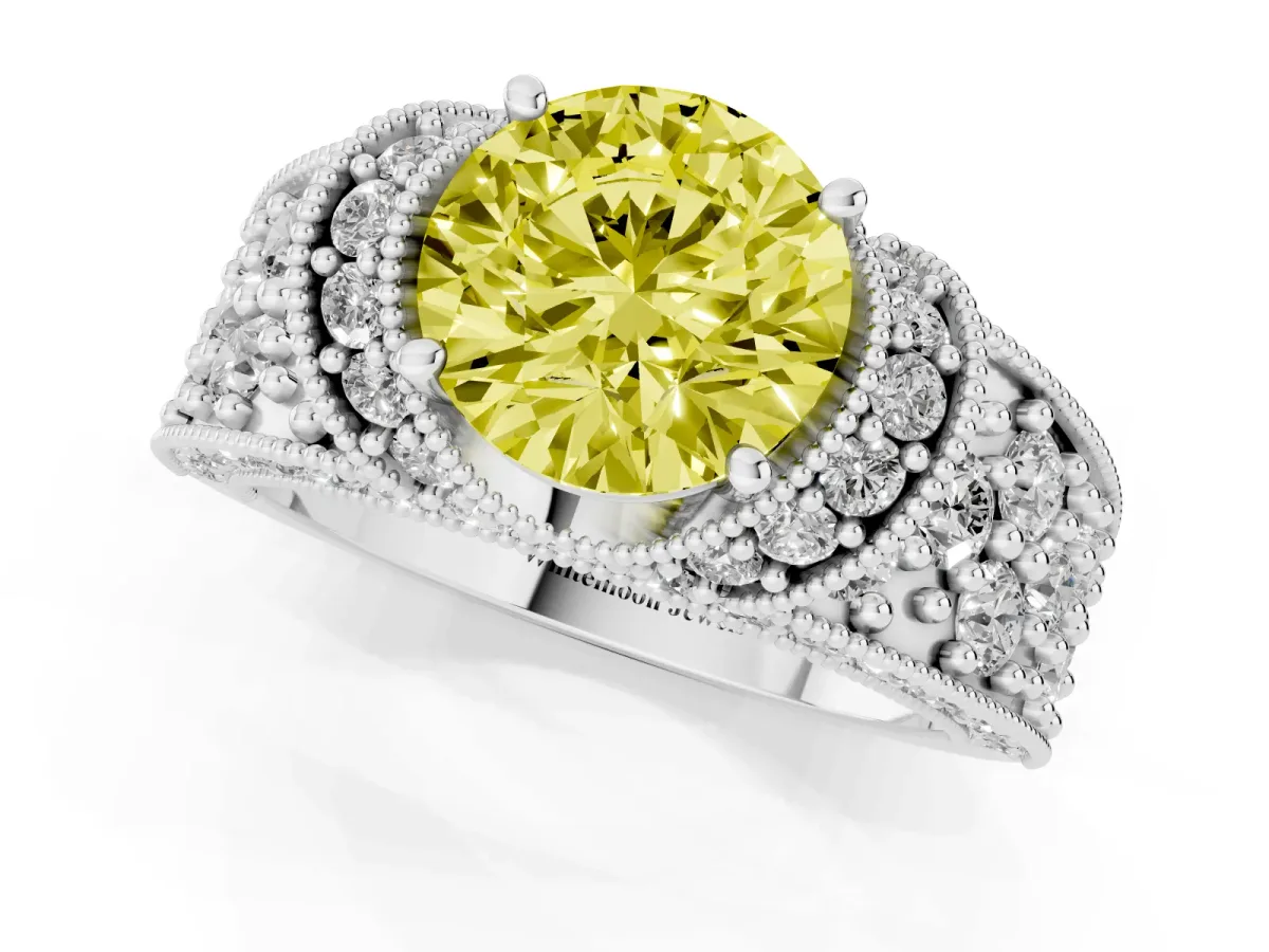 Fancy Yellow Round Cut Halo Pave Diamond Engagement Ring with Milgrain Detailing Silver