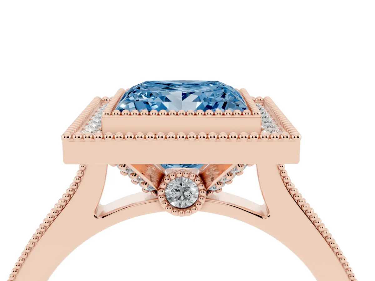 Fancy Blue Halo Princess Cut-Cut Diamond Pave Band Milgrain Prong Setting Ring Rose gold