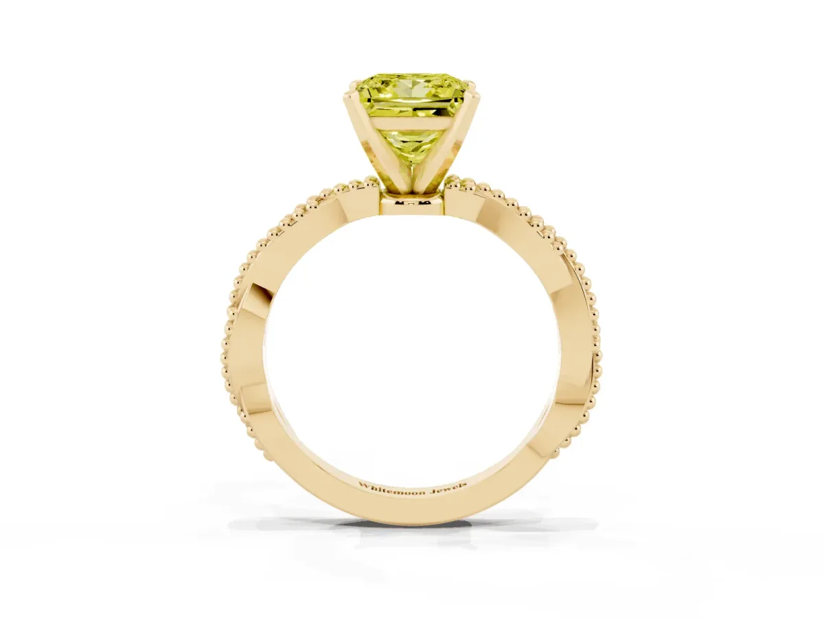 Fancy Yellow Princess Cut Solitaire Twisted Band with Bead Prong Setting Yellow gold