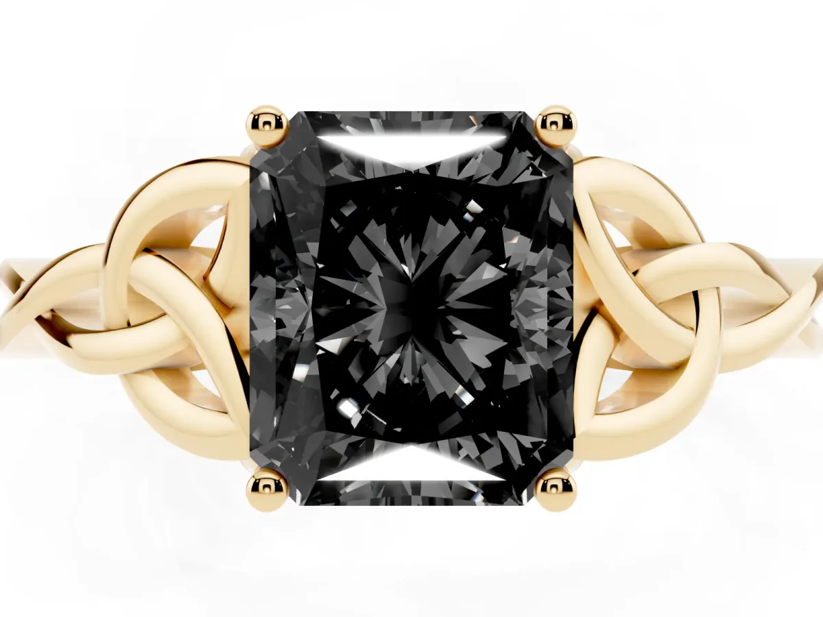 Fancy Black Radiant Cut Diamond Solitaire Engagement Ring with Celtic Knot Band and Four-Prong Setting Yellow gold