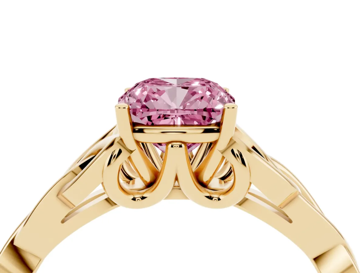 Fancy Pink Cushion Cut Diamond Solitaire Engagement Ring with Celtic Knot Band and Four-Prong Setting Yellow gold