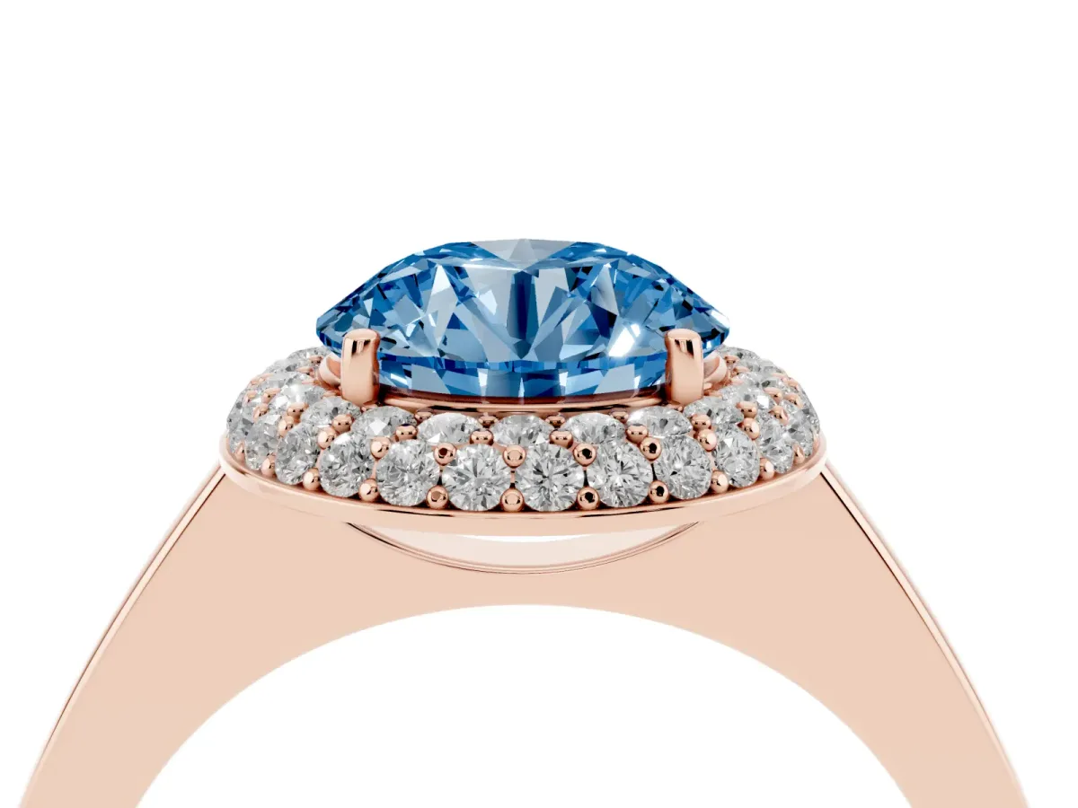 Fancy Blue Round Cut Halo Diamond Engagement Ring with Solitaire Band and Four-Prong Setting Rose gold