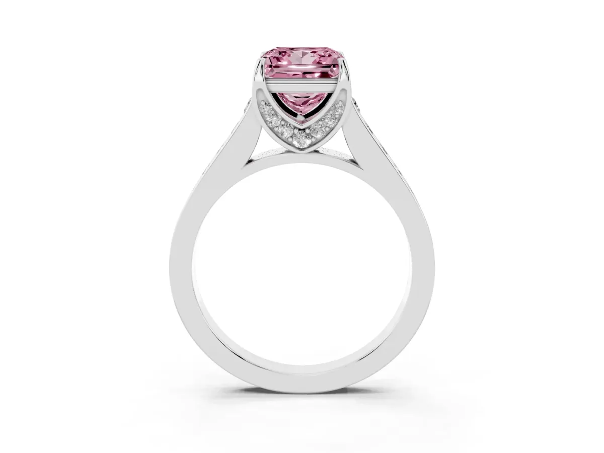 Fancy Pink Princess Cut Brilliant Cut Diamond Engagement Ring with Pavé Band and Four-Prong Setting Platinum