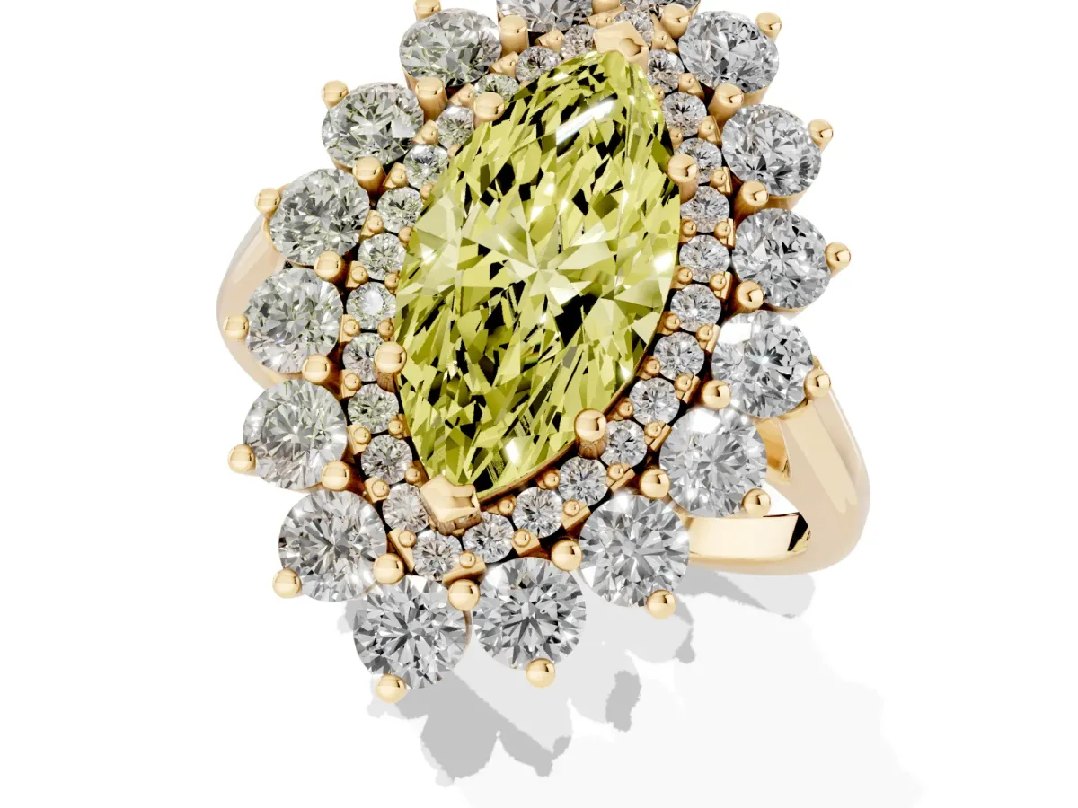 Fancy Yellow Marquise Cut Diamond Floral Double Halo Engagement Ring with Prong Setting Yellow gold