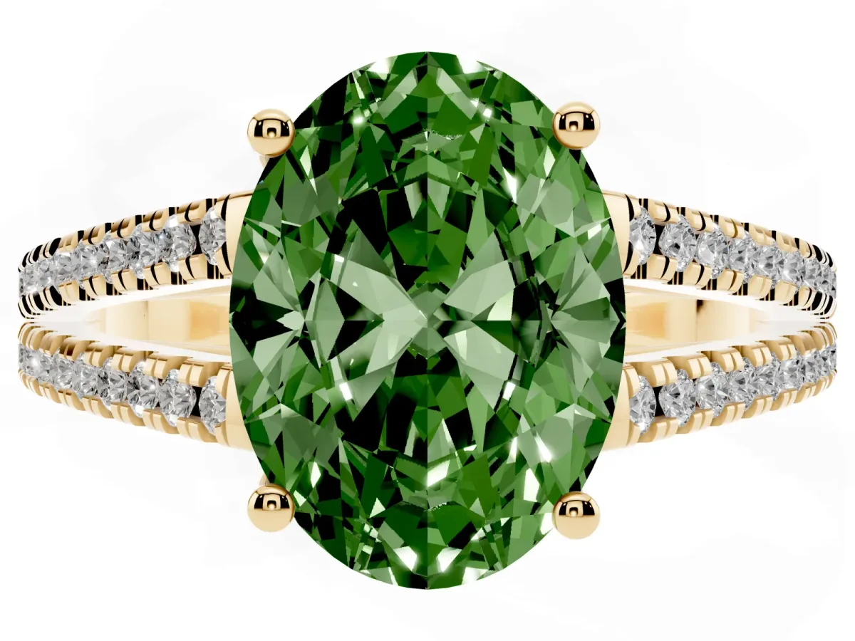 Fancy Green Oval Cut Diamond Solitaire Engagement Ring with Split Shank Pavé Band Yellow gold