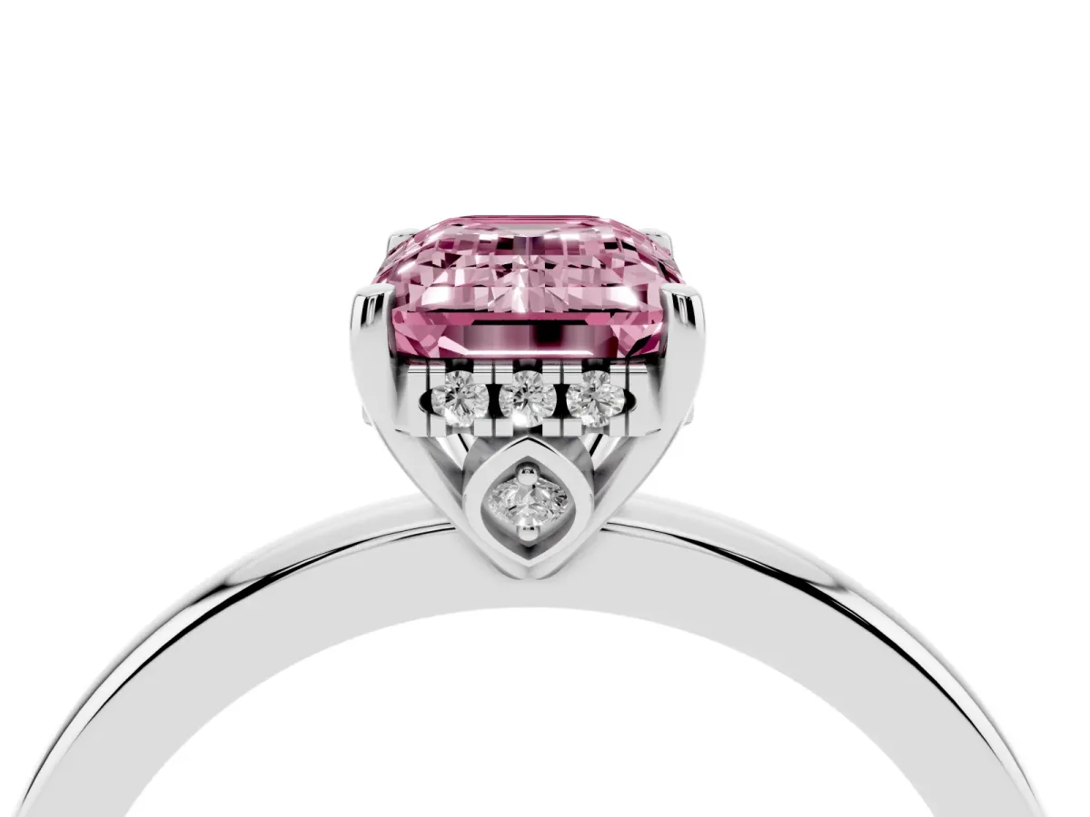 Fancy Pink Emerald Cut Solitaire Diamond Ring with Prong Setting and Plain Band Silver