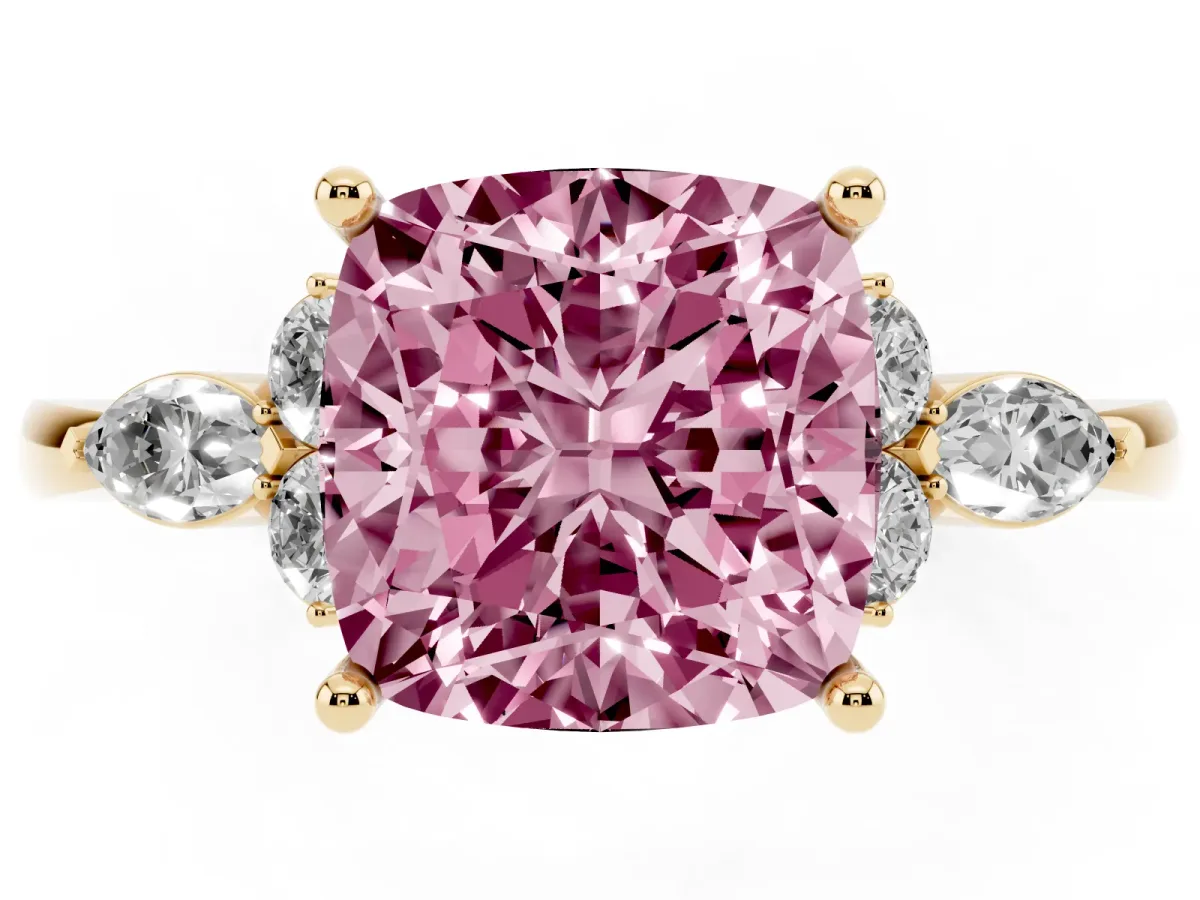 Fancy Pink Cushion Cut Brilliant Diamond Solitaire Ring with Pear Side Stones and Four-Prong Setting Yellow gold