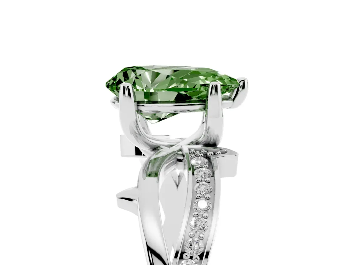 Fancy Green Pear Cut Solitaire Twist Band with Pavé Accents and Four-Prong Setting Silver