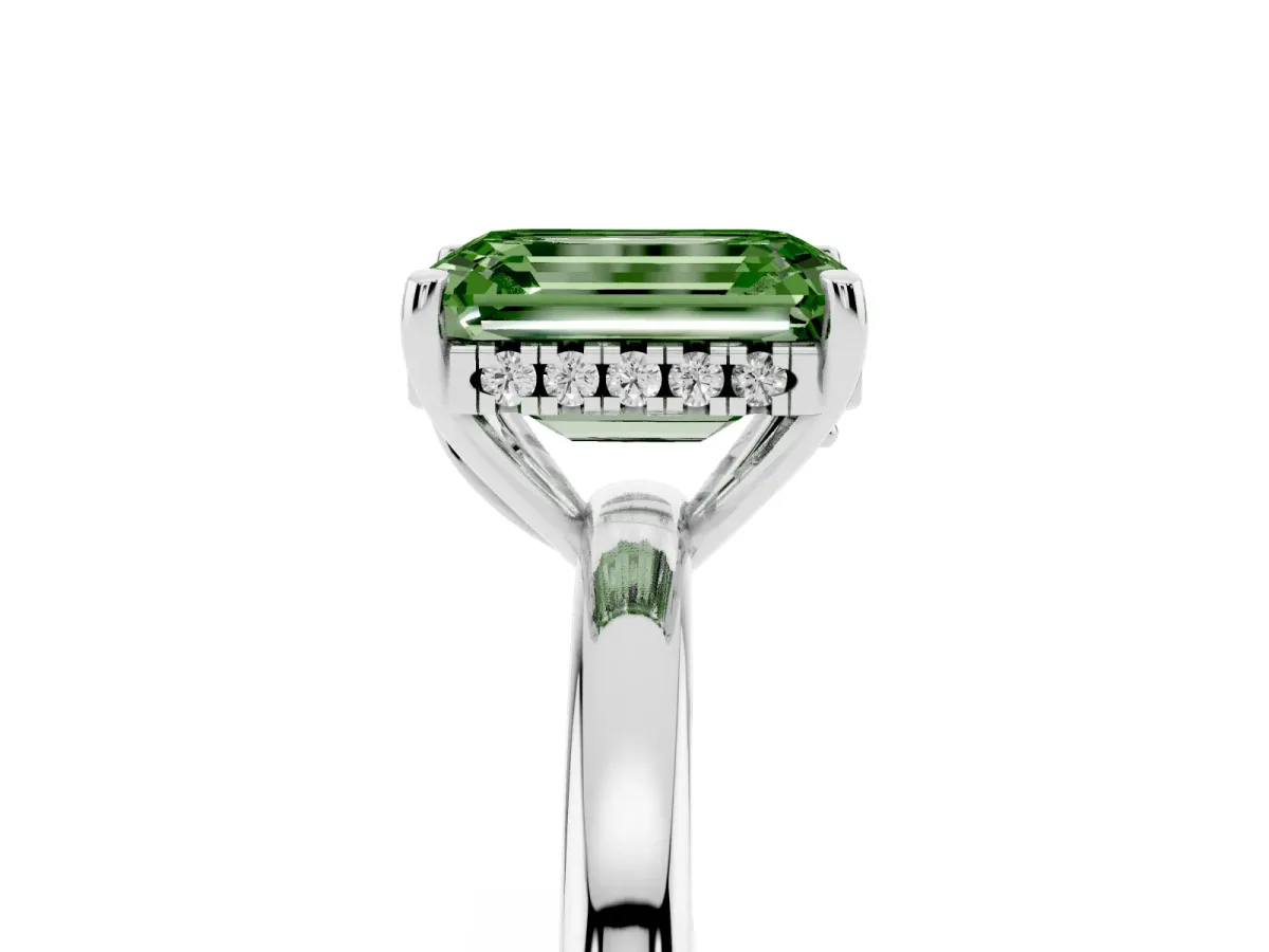 Fancy Green Emerald Cut Solitaire Diamond Ring with Prong Setting and Plain Band Silver