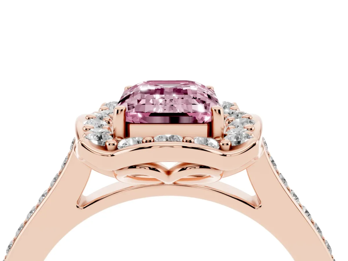 Fancy Pink Emerald Cut Halo Round Diamond Pave Band with Four-Prong Setting Rose gold
