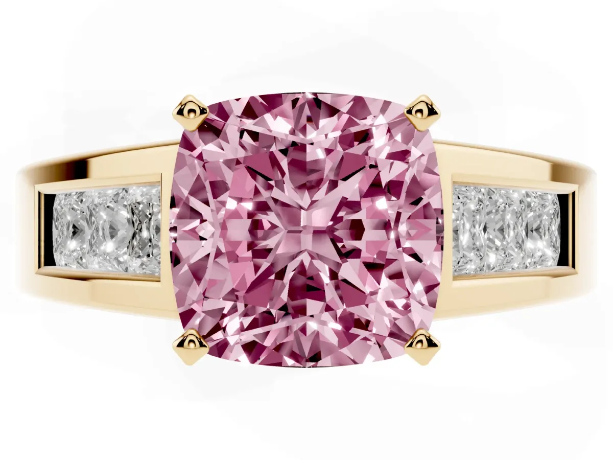 Fancy Pink Cushion Cut Cut Channel Set Solitaire Ring with Four-Prong Setting Yellow gold