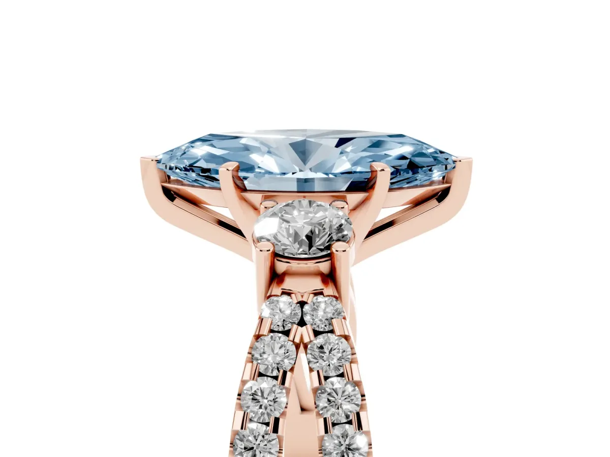 Fancy Blue Marquise Cut Diamond Three-Stone Ring with Pavé Split Shank and Four-Prong Setting Rose gold