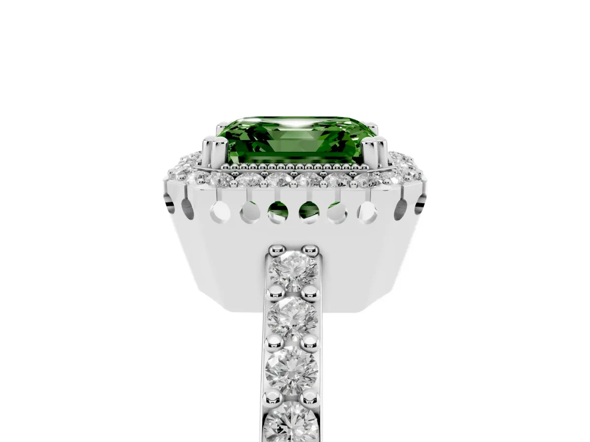 Fancy Green Asscher Cut Cut Diamond Halo Engagement Ring with Milgrain Detail and Pavé Band Platinum