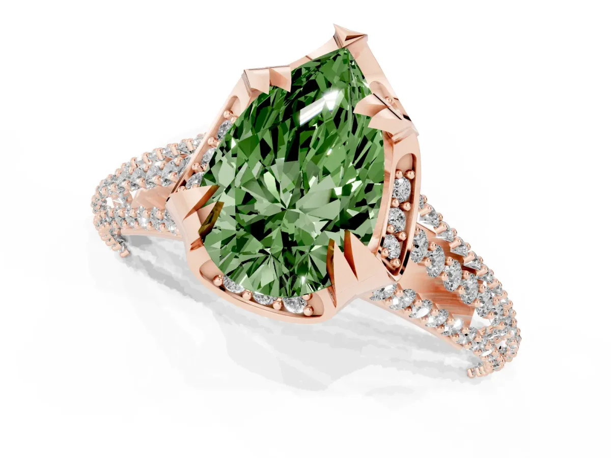 Fancy Green Pear Cut Solitaire Pave Split Shank Ring with Four-Prong Setting Rose gold