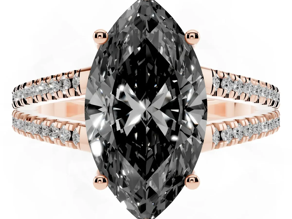 Fancy Black Marquise Cut Diamond Solitaire Engagement Ring with Split Shank Pavé Band Rose gold