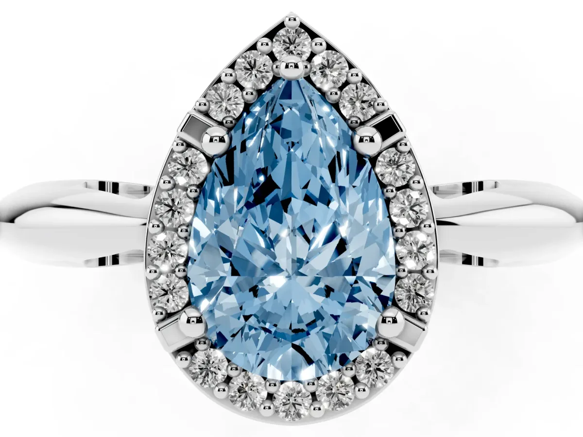 Fancy Blue Pear Cut Cut Diamond Halo Engagement Ring with Split Shank and Four-Prong Setting Silver