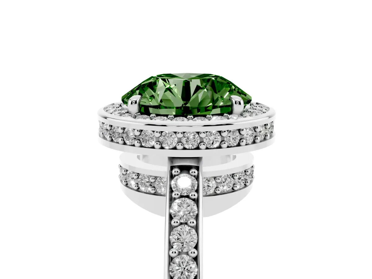 Fancy Green Round Cut Halo Pave Band Solitaire Ring with Prong Setting Silver