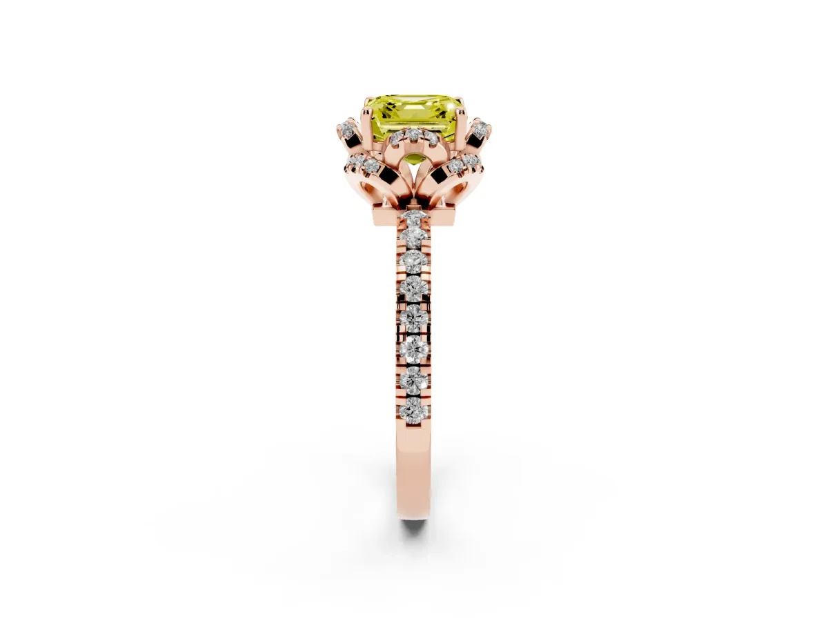 Fancy Yellow Asscher Cut Halo Diamond Pave Band Ring with Four-Prong Setting Rose gold