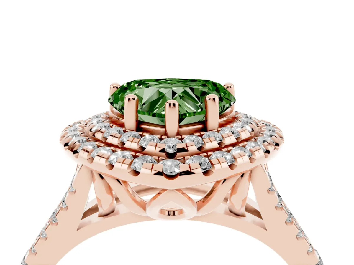 Fancy Green Double Halo Heart Cut Diamond Pavé Split Shank Ring with Prong Setting Rose gold