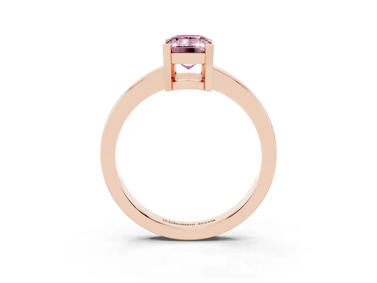 Fancy Pink Emerald Cut Cut Solitaire Ring with Four-Prong Setting and Classic Band Rose gold