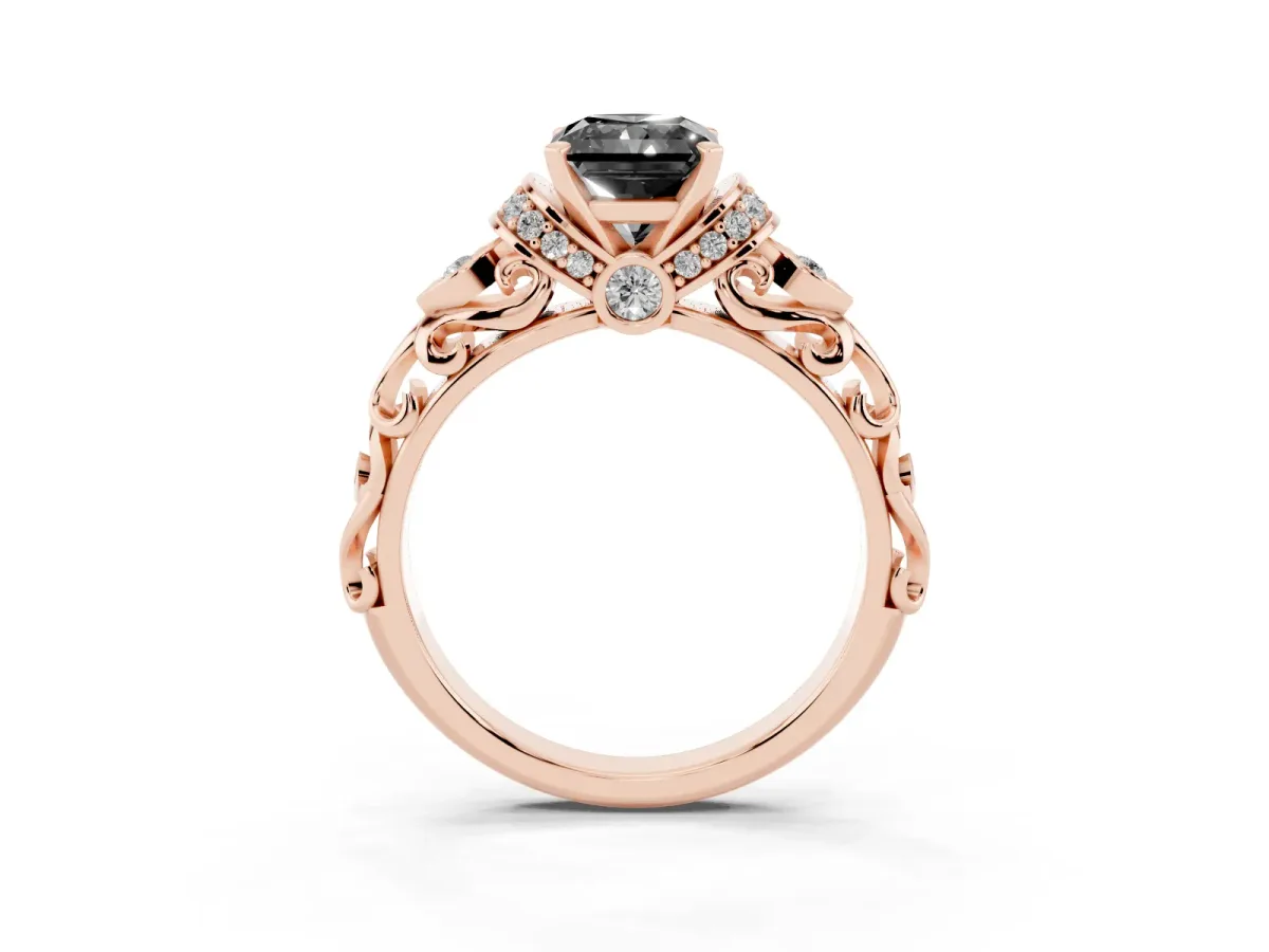 Fancy Black Radiant Cut Diamond Solitaire Ring with Filigree Band and Four-Prong Setting Rose gold