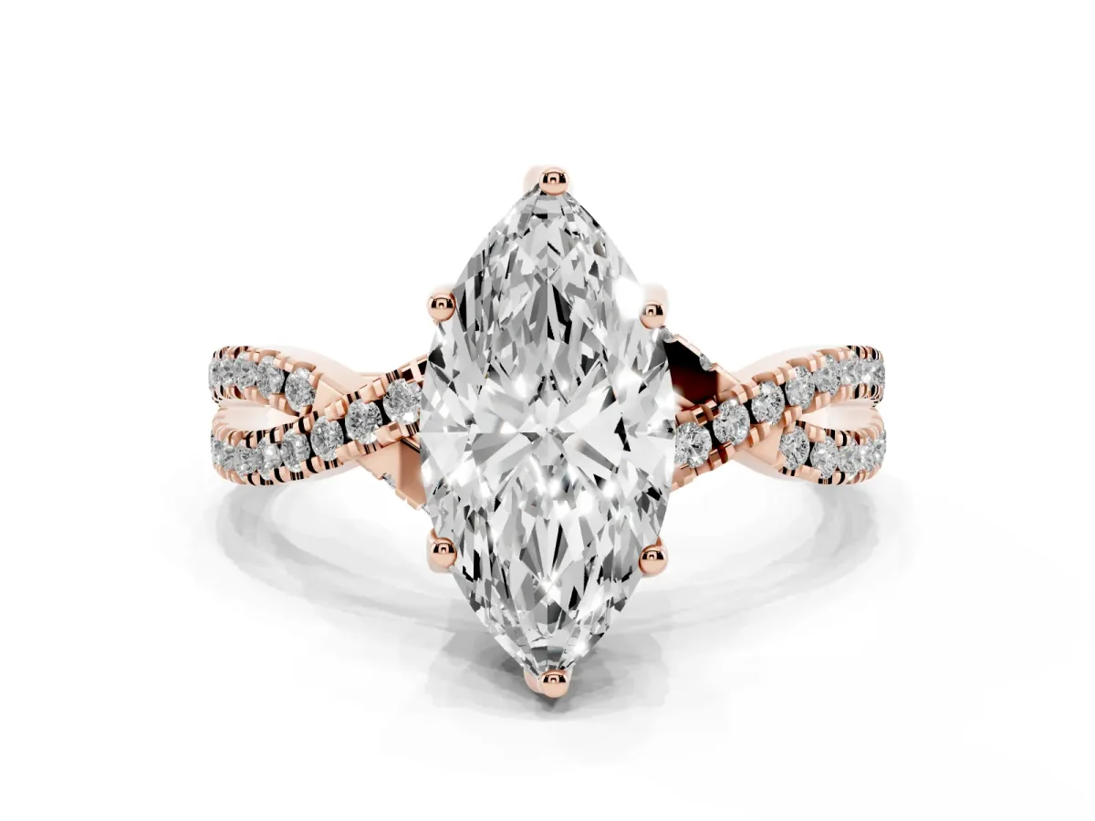Marquise Cut Solitaire Twist Pave Diamond Engagement Ring with Prong Setting Rose gold