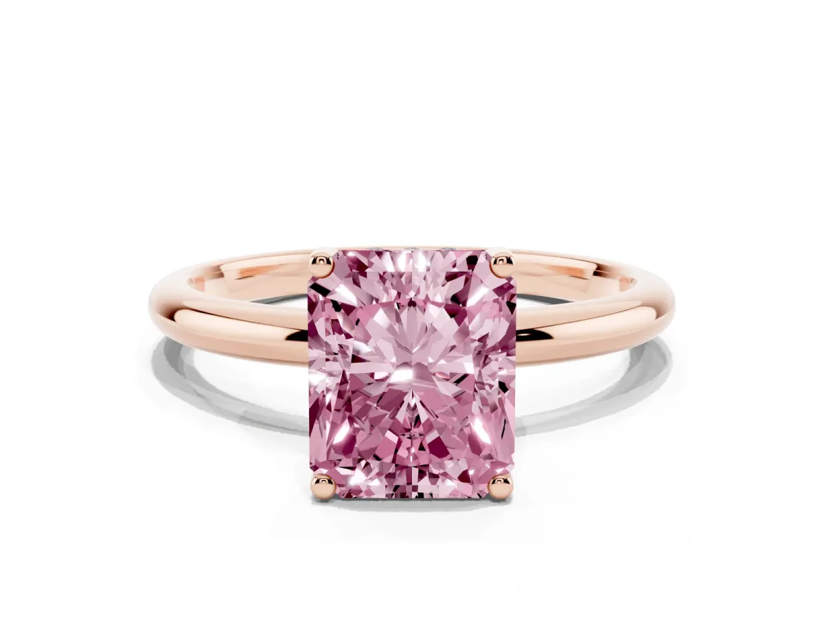 Fancy Pink Radiant Cut Cut Solitaire Engagement Ring with Four-Prong Setting and Classic Band Rose gold