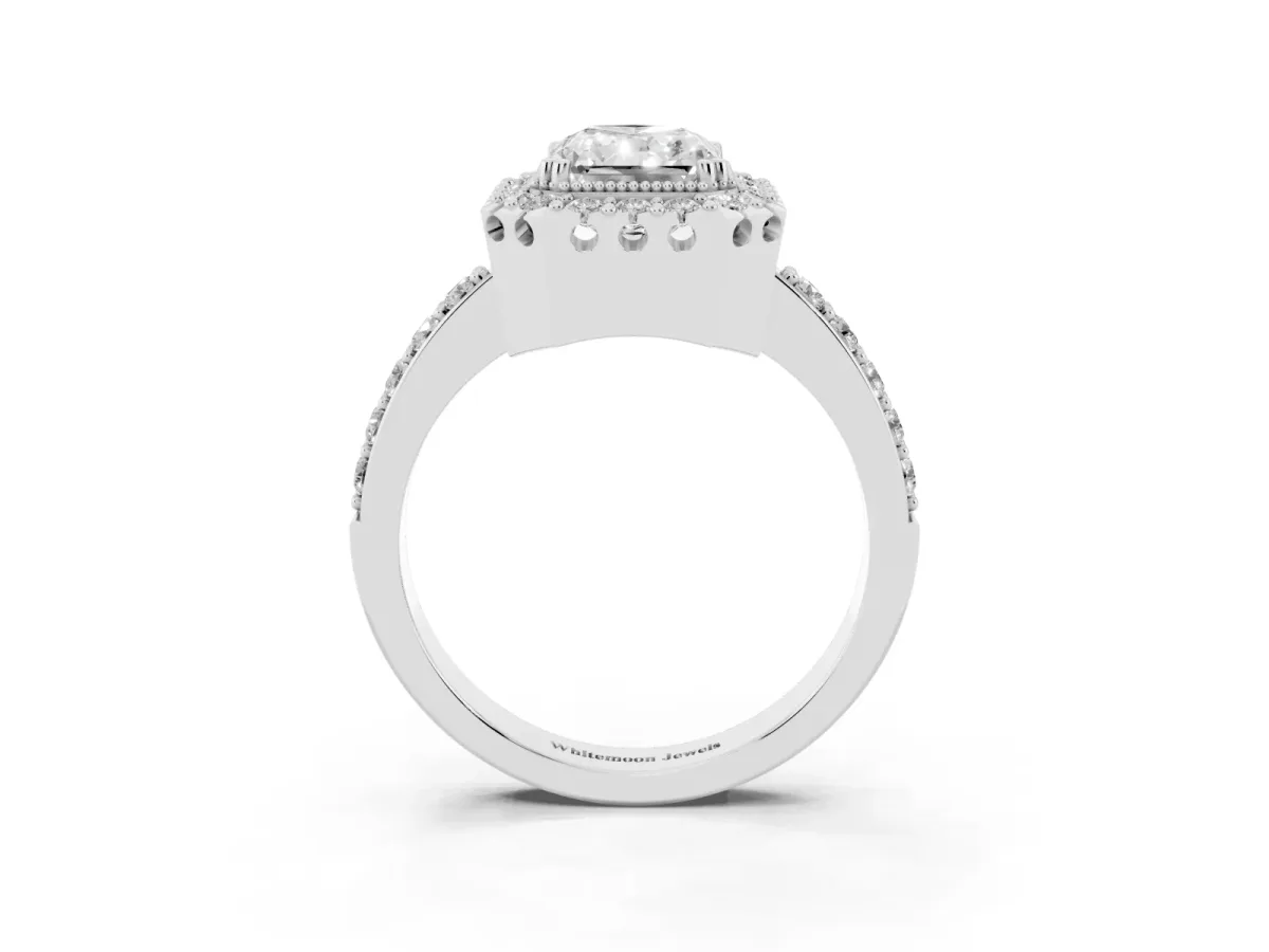 Radiant Cut Diamond Halo Ring with Pavé Band and Prong Setting Platinum