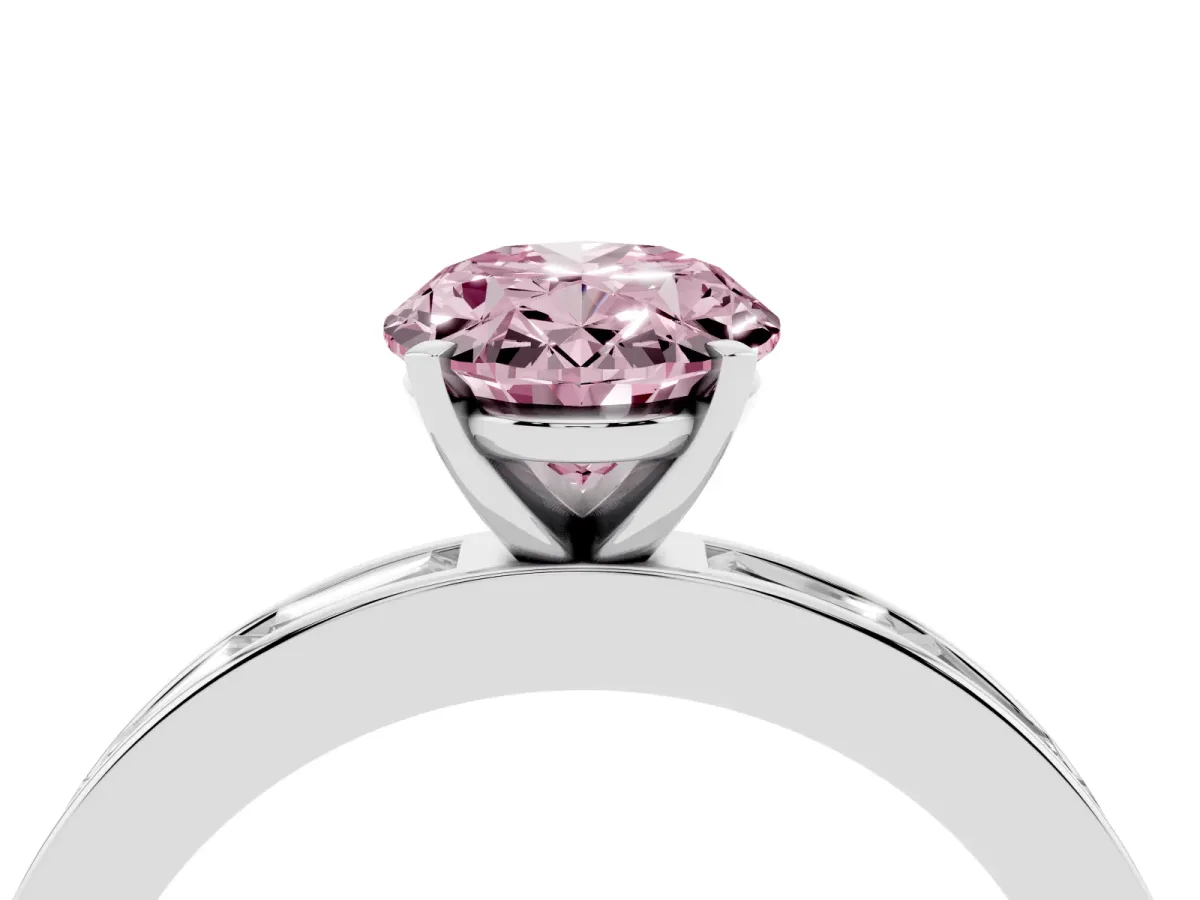 Fancy Pink Oval Cut Solitaire Diamond Ring with Channel-Set Baguette Band and Four-Prong Setting White gold