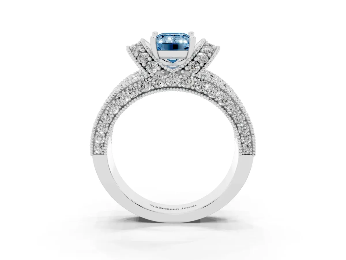 Fancy Blue Emerald Cut Halo Pave Diamond Engagement Ring with Milgrain Detailing White gold