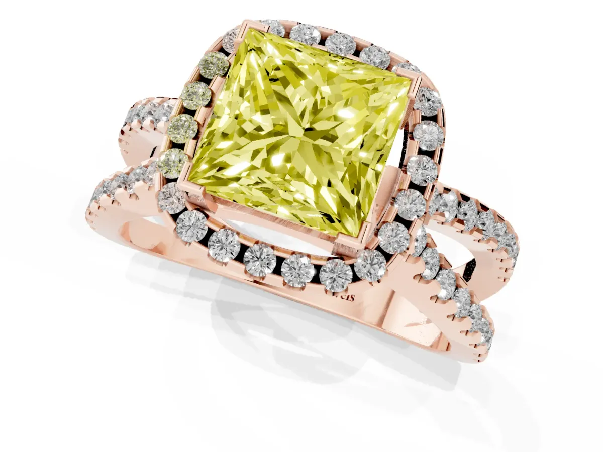 Fancy Yellow Princess Cut Diamond Halo Ring with Split Shank Pavé Band and Prong Setting Rose gold