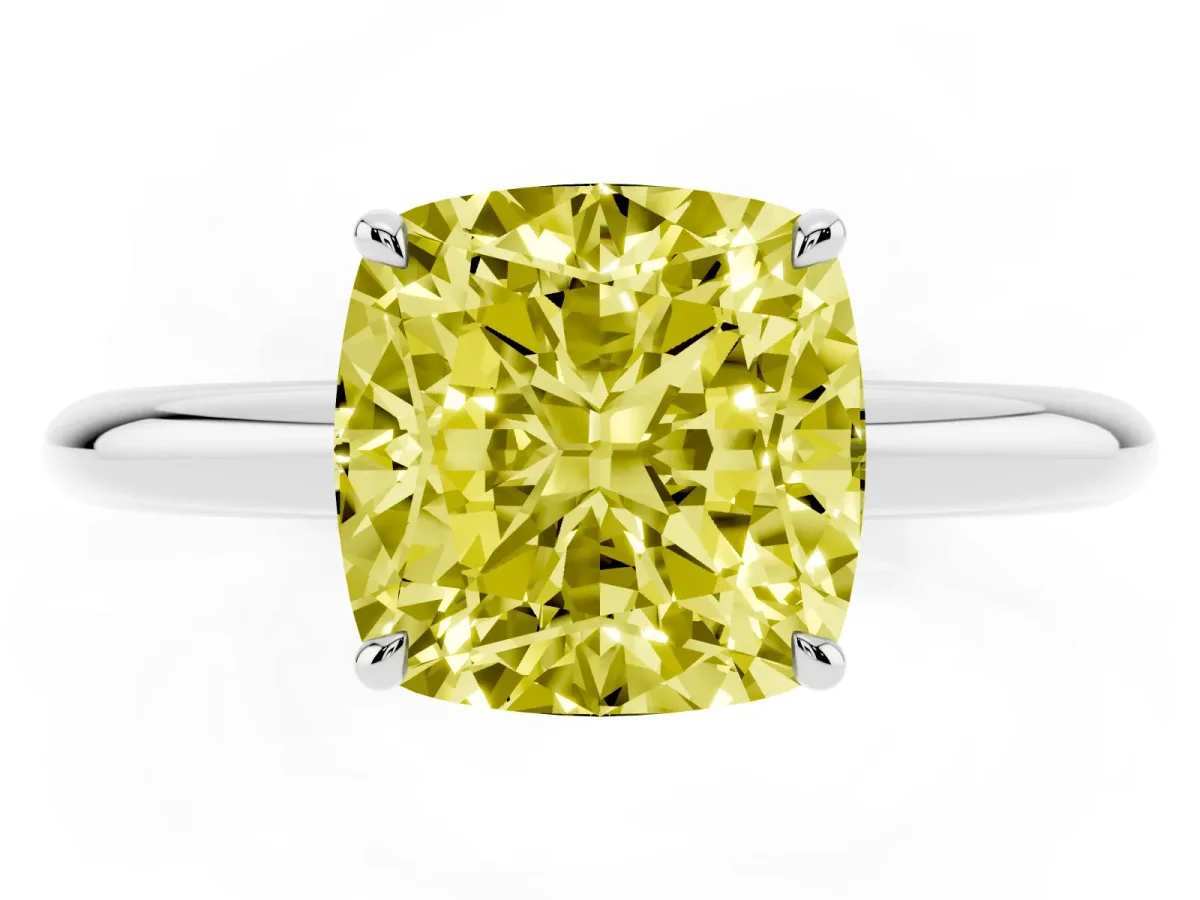 Fancy Yellow Cushion Cut Brilliant Solitaire Engagement Ring with Six-Prong Setting and Classic Band Silver