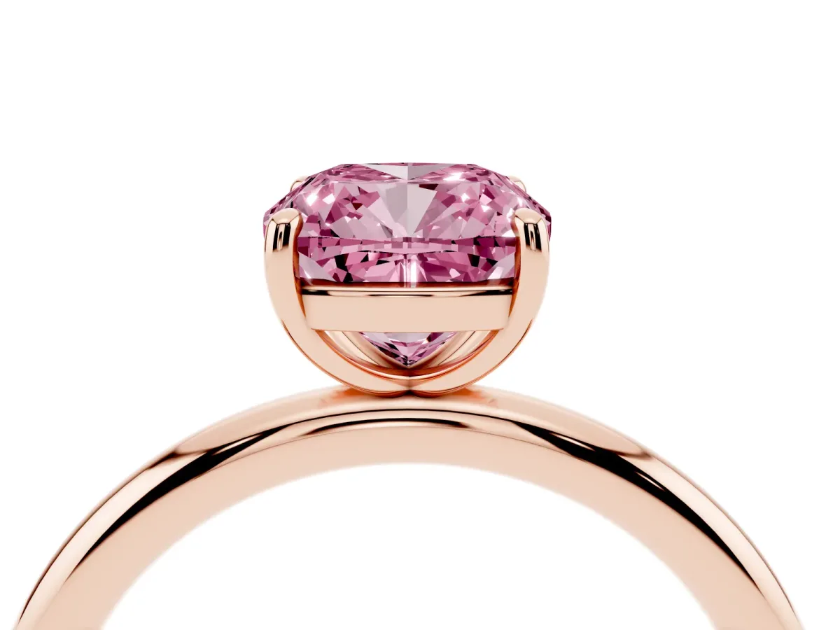 Fancy Pink Cushion Cut Solitaire Diamond Ring with Four-Prong Setting on a Plain Band Rose gold