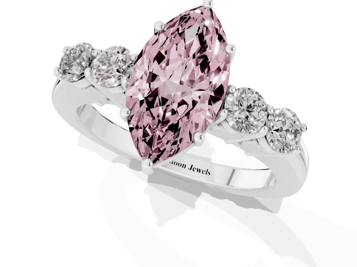 Fancy Pink Marquise Cut Cut Diamond Five-Stone Prong Set White Gold Ring Silver