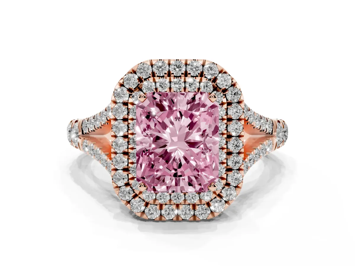 Fancy Pink Radiant Cut Diamond Double Halo Ring with Split Shank and Prong Setting Rose gold