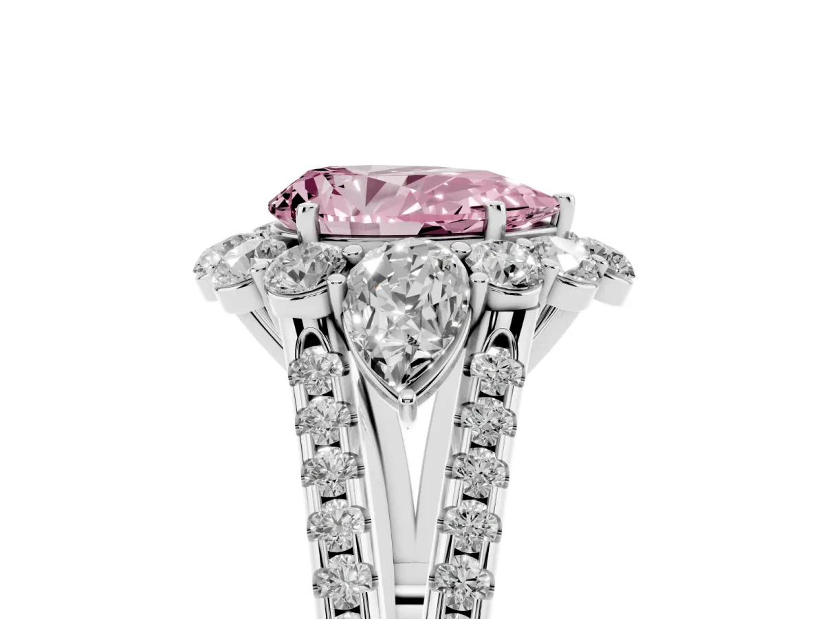 Fancy Pink Pear Cut Halo Split Shank Diamond Engagement Ring with Prong Setting Platinum