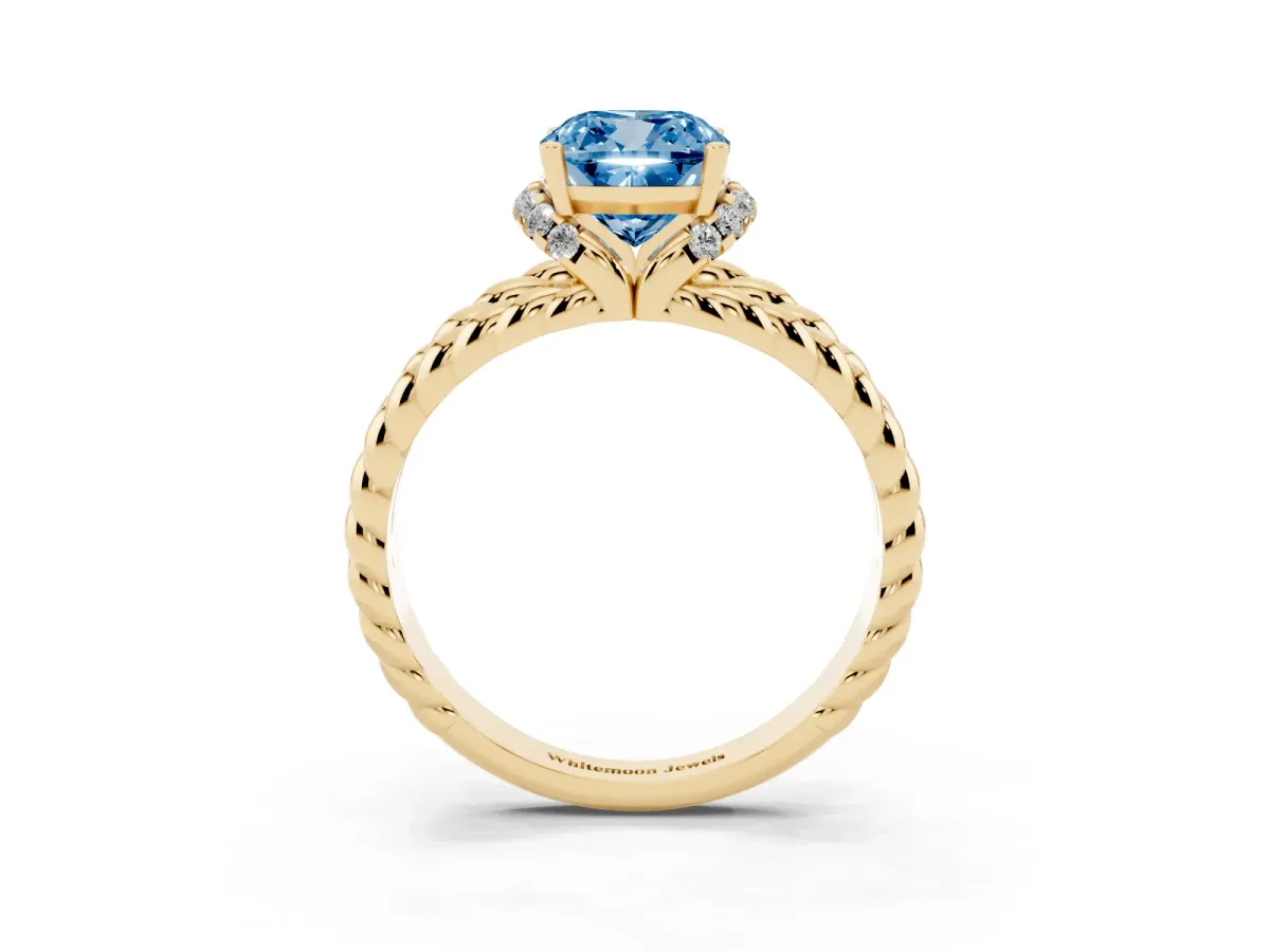 Fancy Blue Cushion Cut Halo Twisted Band Four-Prong Ring Yellow gold