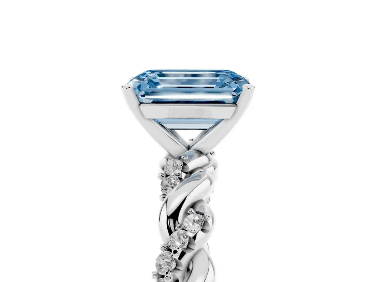 Fancy Blue Emerald Cut Diamond Solitaire Ring with Twisted Band and Pavé Accents White gold