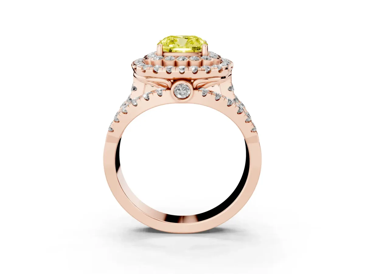 Fancy Yellow Cushion Cut Diamond Double Halo Ring with Round Pavé Split Shank and Prong Setting Rose gold