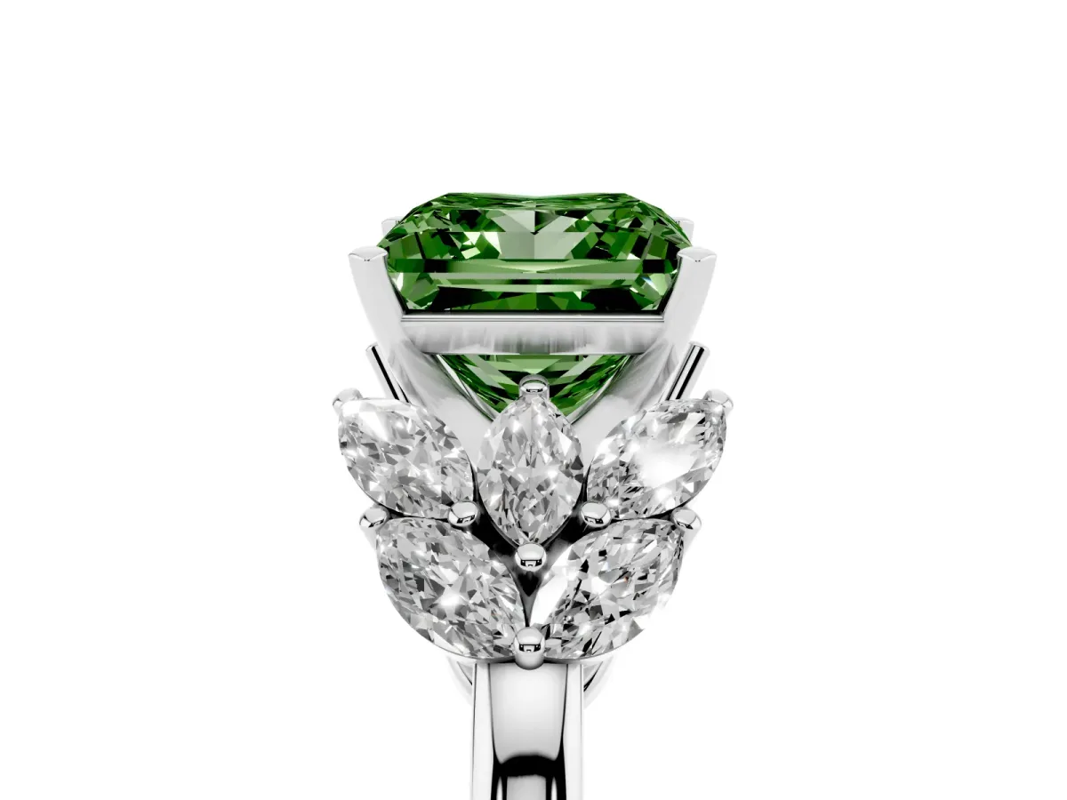 Fancy Green Princess Cut Diamond Cluster Leaf Design Ring with Prong Setting White gold