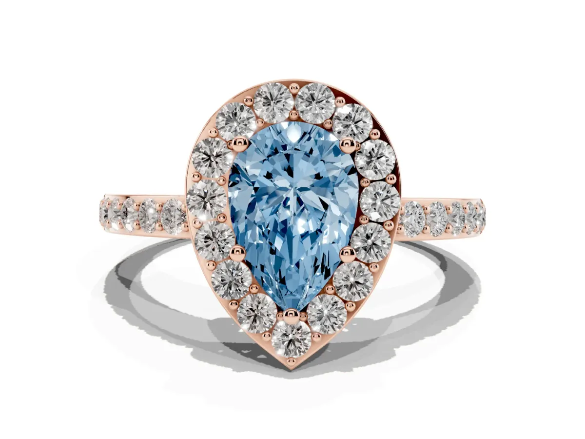 Fancy Blue Pear Cut Halo Diamond Pavé Band Ring with Prong Setting Rose gold