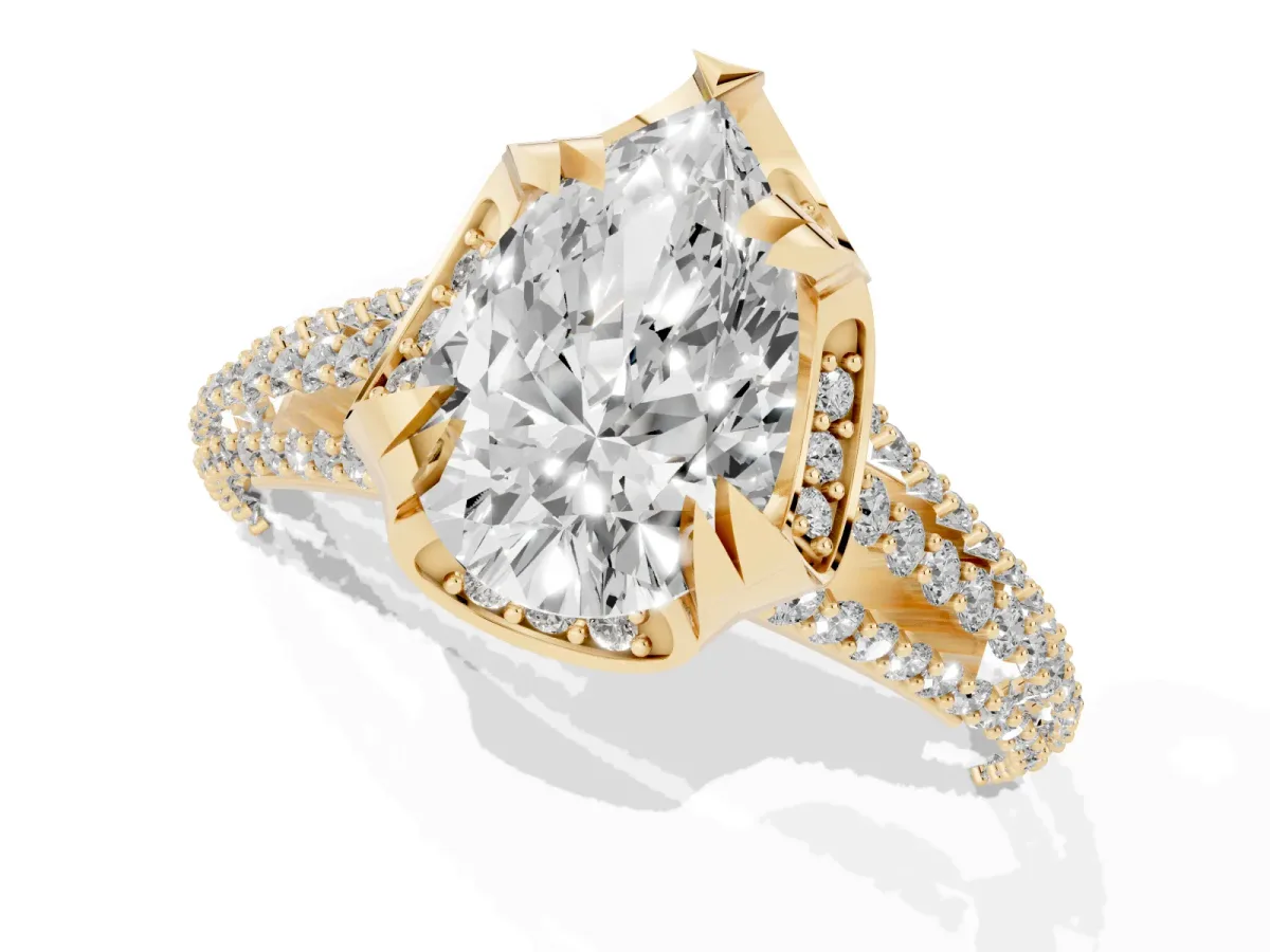 Pear Cut Solitaire Pave Split Shank Ring with Four-Prong Setting Yellow gold