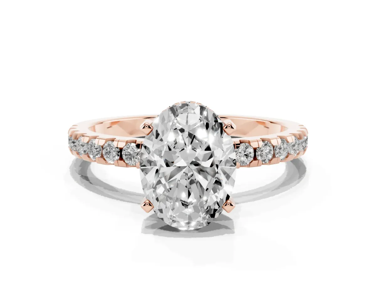 Oval Cut Diamond Solitaire Ring with Round Pavé Band and Four-Prong Setting Rose gold