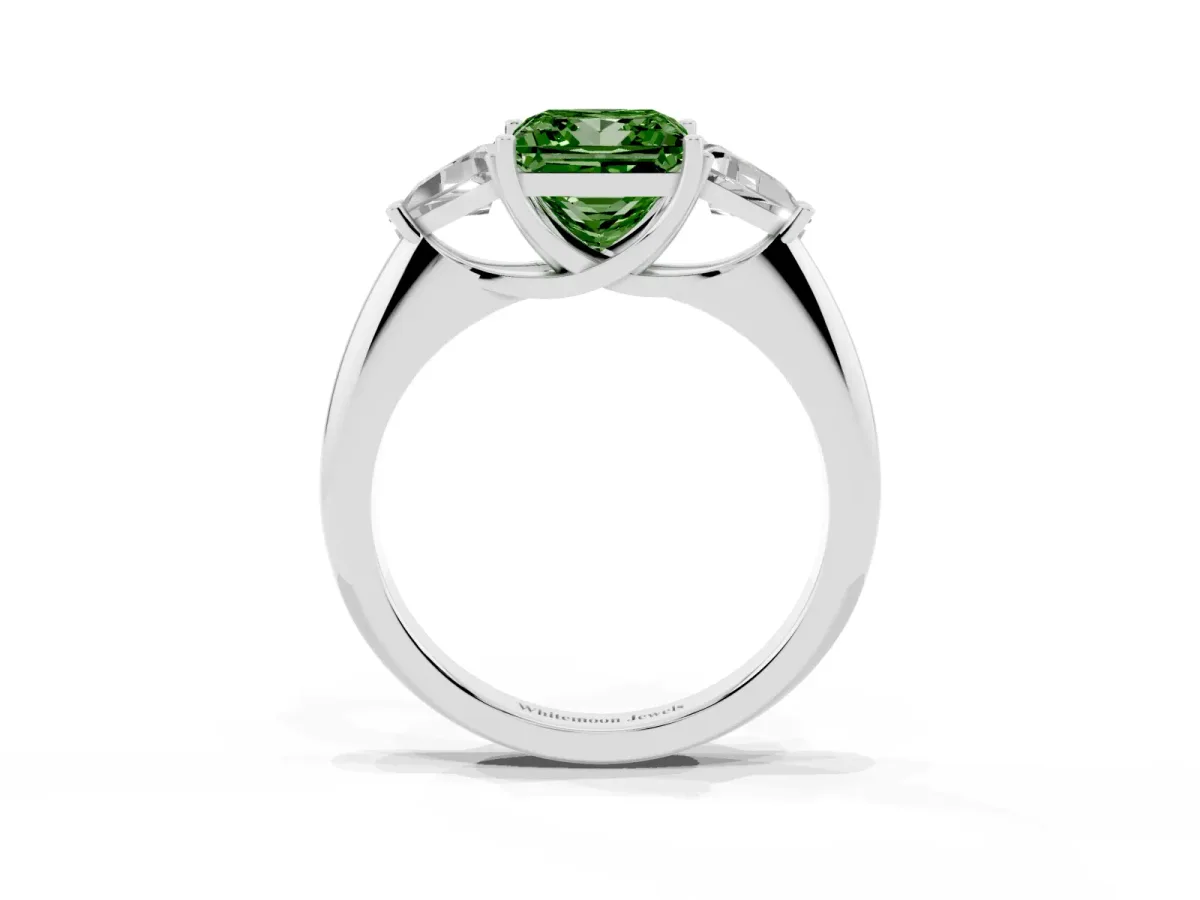 Fancy Green Three-Stone Princess Cut Diamond Engagement Ring with Trillion Side Stones and Prong Setting Platinum