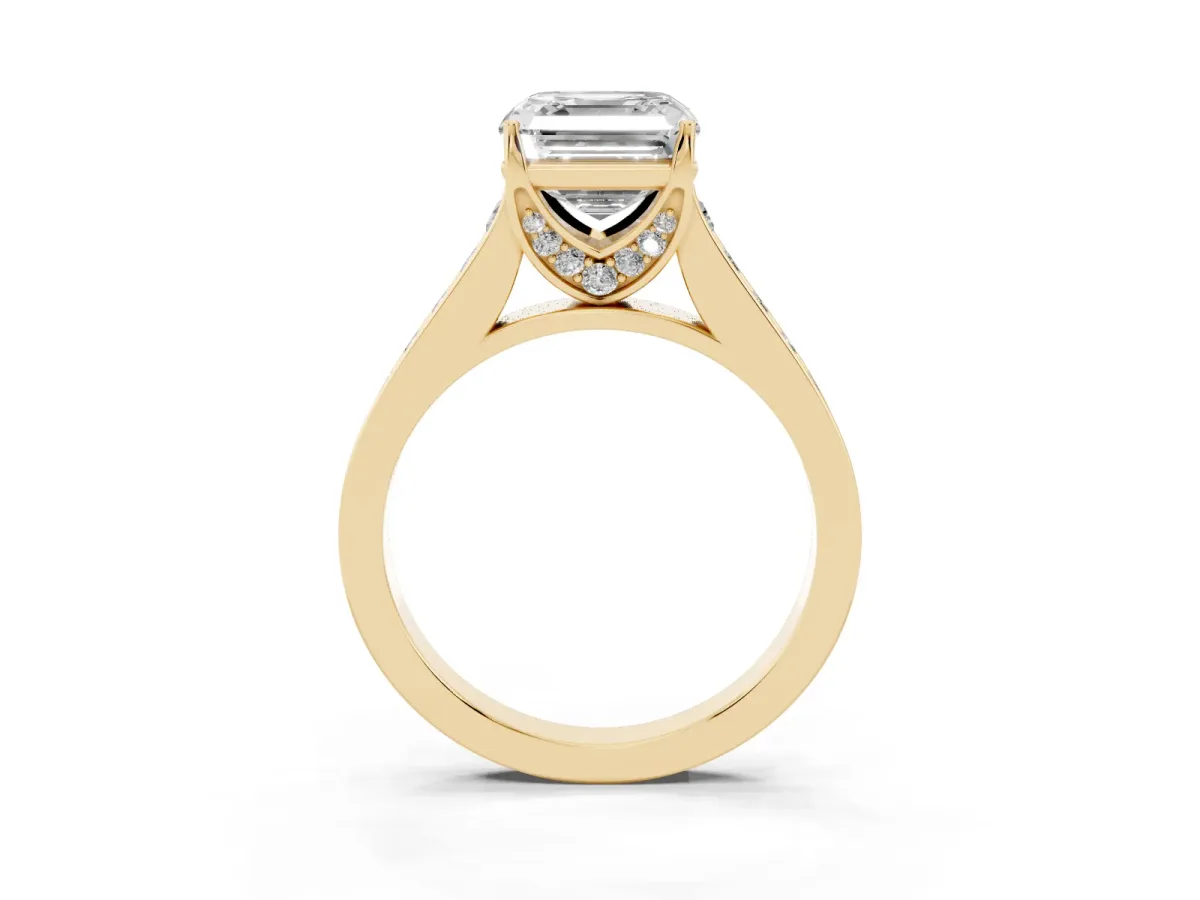 Asscher Cut Brilliant Cut Diamond Engagement Ring with Pavé Band and Four-Prong Setting Yellow gold